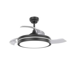 Matte black 42 inch retractable ceiling fan with dimmable LED light, sleek hidden blade design for contemporary interior commercial use, model VY-13002