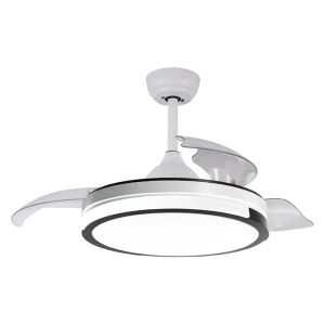 White 42 inch retractable blade ceiling fan with silent DC motor, auto retractable aerodynamic blades for quiet residential use, model VY-13003