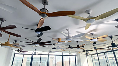 VANYE showroom displaying a wide variety of ceiling fan with light designs for global customers.