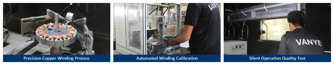 DC vs AC Motor Ceiling Fans: The Strategic Sourcing Guide for B2B Buyers (2026 Edition) 3 VANYE ceiling fan motor production stages: precision copper winding, automated machine calibration, and silent room noise testing.