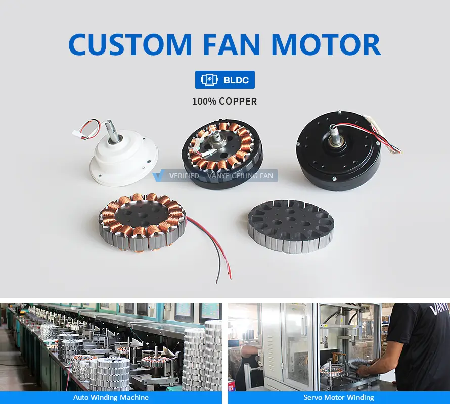VANYE Motor Factory: Custom BLDC Motors & Auto Production Line VANYE ceiling fan factory showing custom BLDC 100% copper motor structure and auto winding machine production line