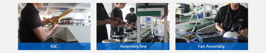 Strict IQC and Efficient Ceiling Fan Assembly Line VANYE ceiling fan assembly line showing IQC inspection, outer cover installation, and fan assembly by skilled workers
