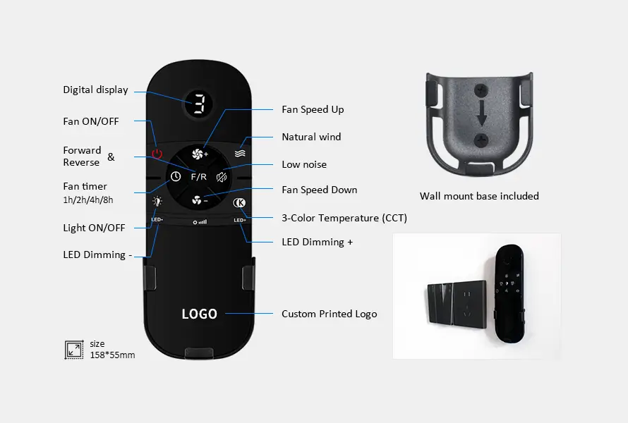 Customizable Ceiling Fan Remote Control with Digital Display VANYE custom OEM ceiling fan remote control with digital display, timer, dimming, forward/reverse function and custom printed logo