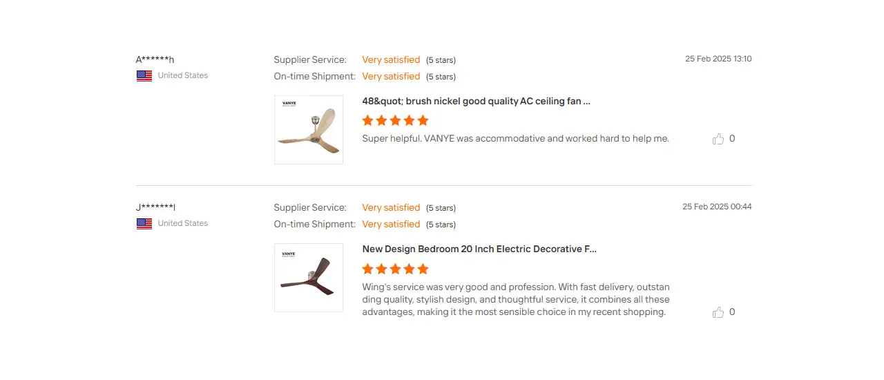 VANYE Ceiling Fan Real Customer Review Real customer review photo of VANYE ceiling fan, bulk wholesale order feedback from overseas commercial buyer