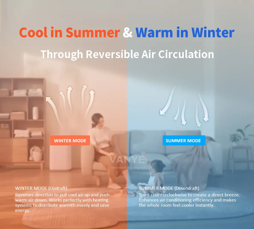 Reversible Motor: Cool in Summer & Warm in Winter VANYE reversible motor ceiling fan showing summer mode downdraft for cooling and winter mode updraft for energy saving air circulation